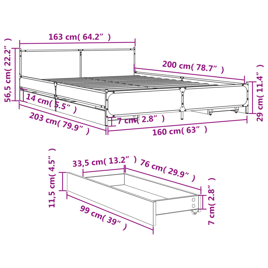 vidaXL Bettgestell mit Schubladen Sonoma-Eiche 160x200cm Holzwerkstoff