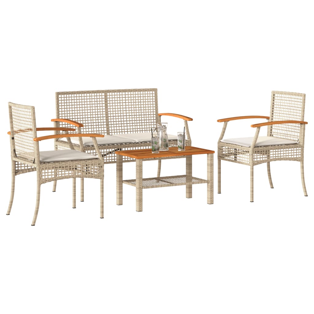 vidaXL 4-tlg. Garten-Lounge-Set mit Kissen Beige Poly Rattan