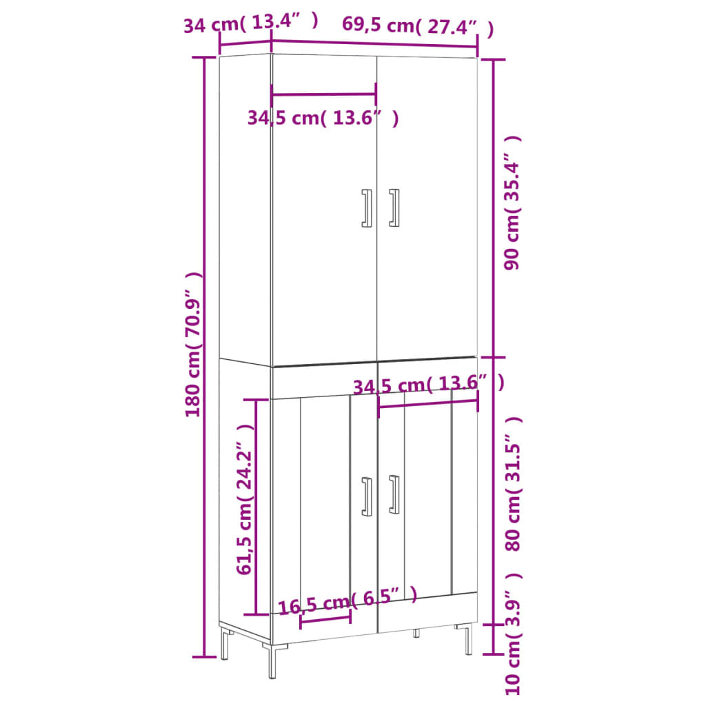 vidaXL Highboard Räuchereiche 69,5x34x180 cm Holzwerkstoff