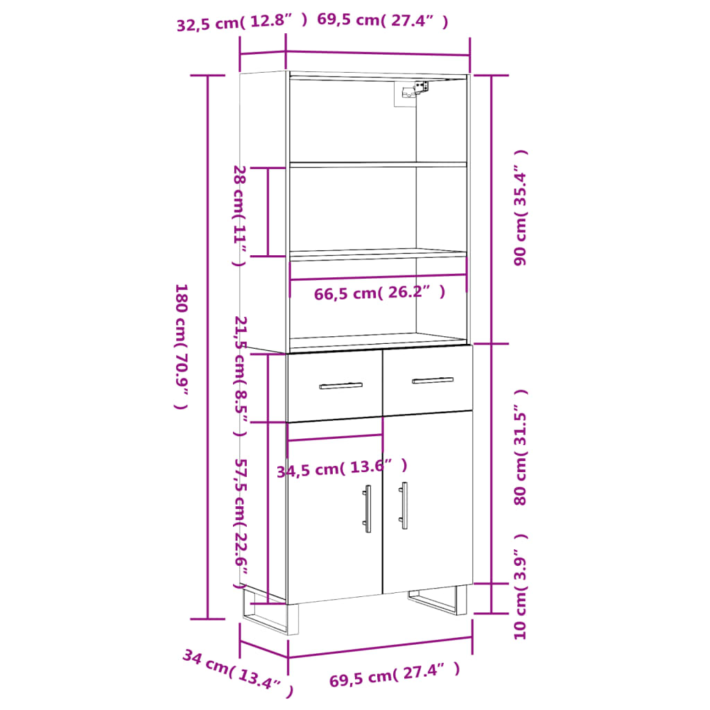 vidaXL Highboard Schwarz 69,5x34x180 cm Holzwerkstoff