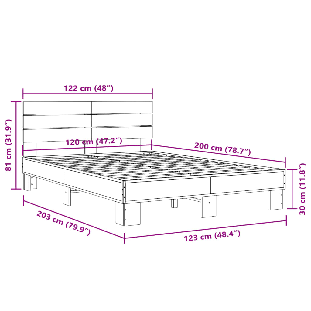 vidaXL Bettgestell Grau Sonoma 120x200 cm Holzwerkstoff und Metall