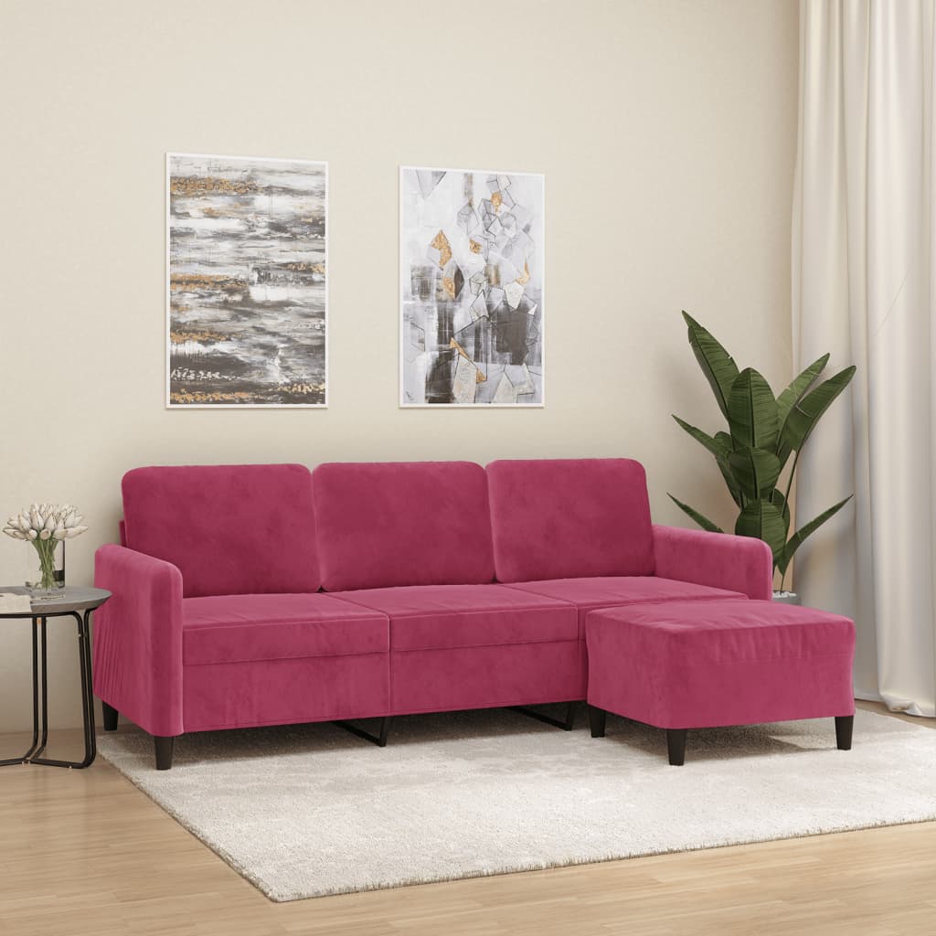 vidaXL 3-Sitzer-Sofa mit Hocker Weinrot 180 cm Samt