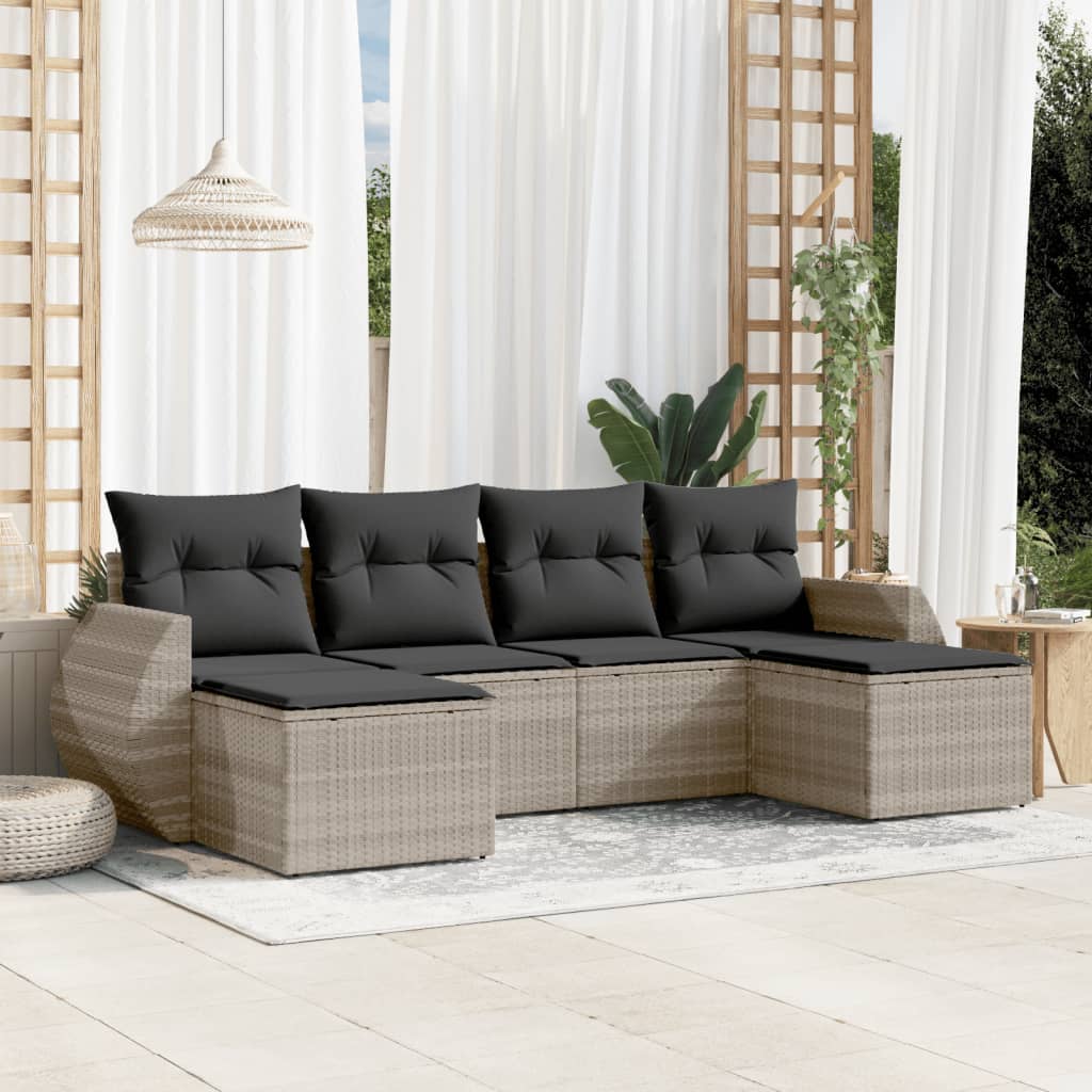 vidaXL 6-tlg. Garten-Sofagarnitur mit Kissen Hellgrau Poly Rattan