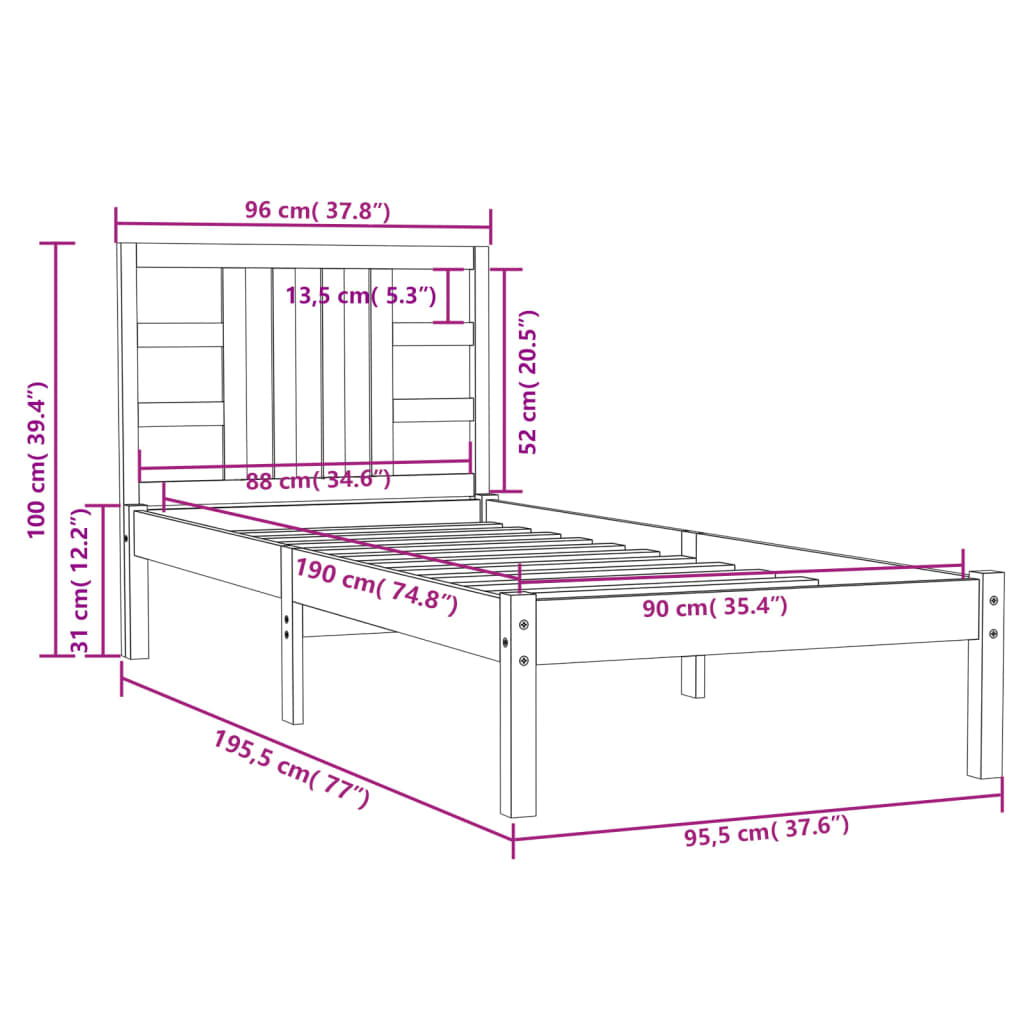 vidaXL Massivholzbett Schwarz 90x190 cm