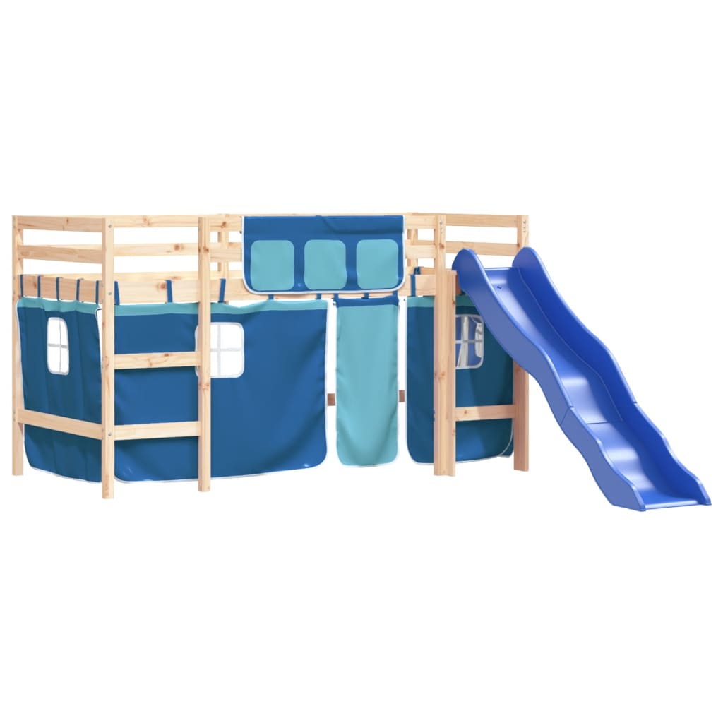 vidaXL Kinderhochbett mit Vorhängen Blau 90x190 cm Massivholz Kiefer