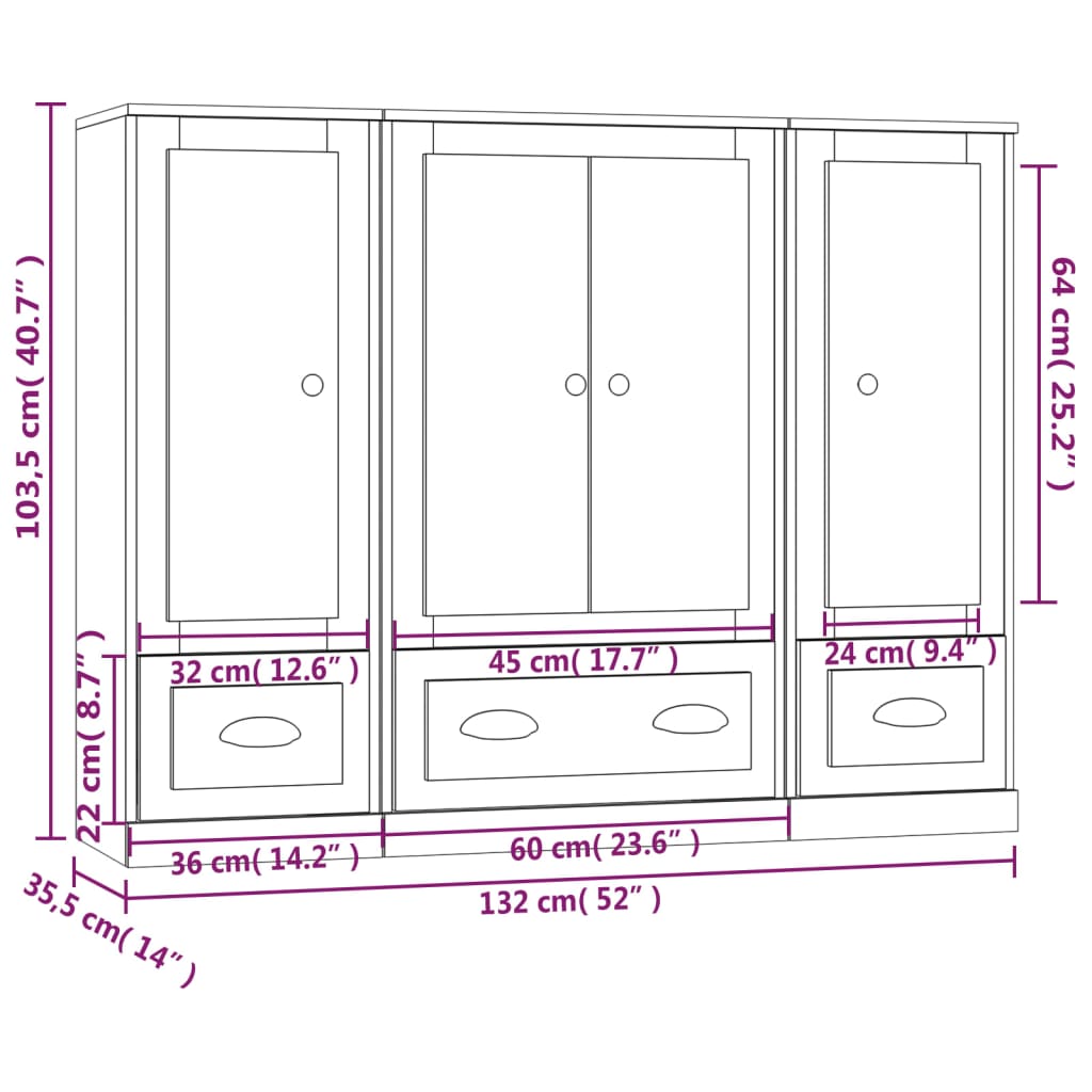 vidaXL Highboards 3 Stk. Weiß Holzwerkstoff