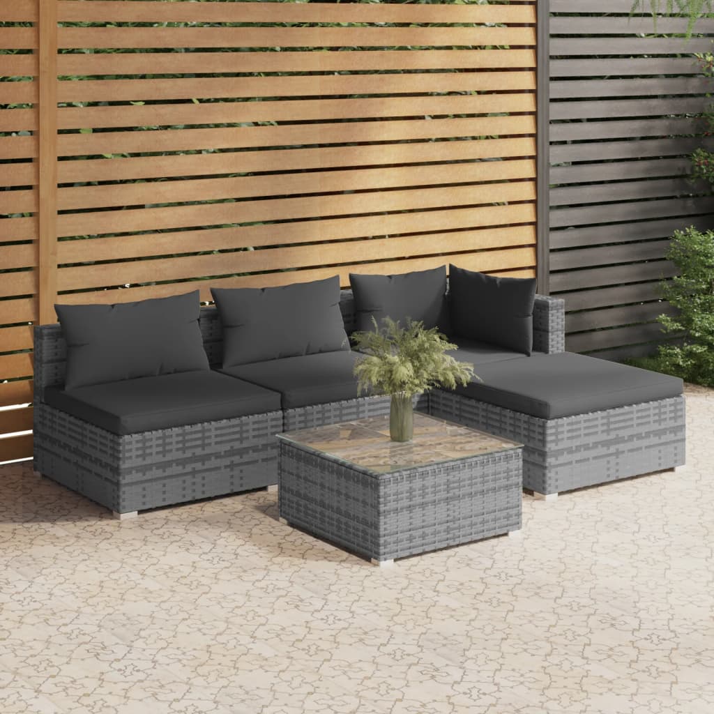 vidaXL 5-tlg. Garten-Lounge-Set mit Kissen Poly Rattan Grau