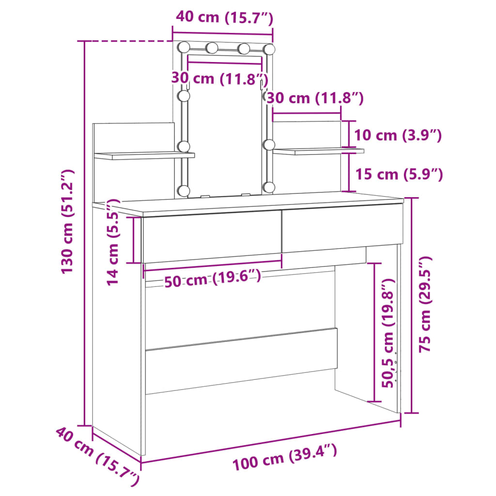 vidaXL Schminktisch mit LED Braun Eichen-Optik 100x40x130 cm