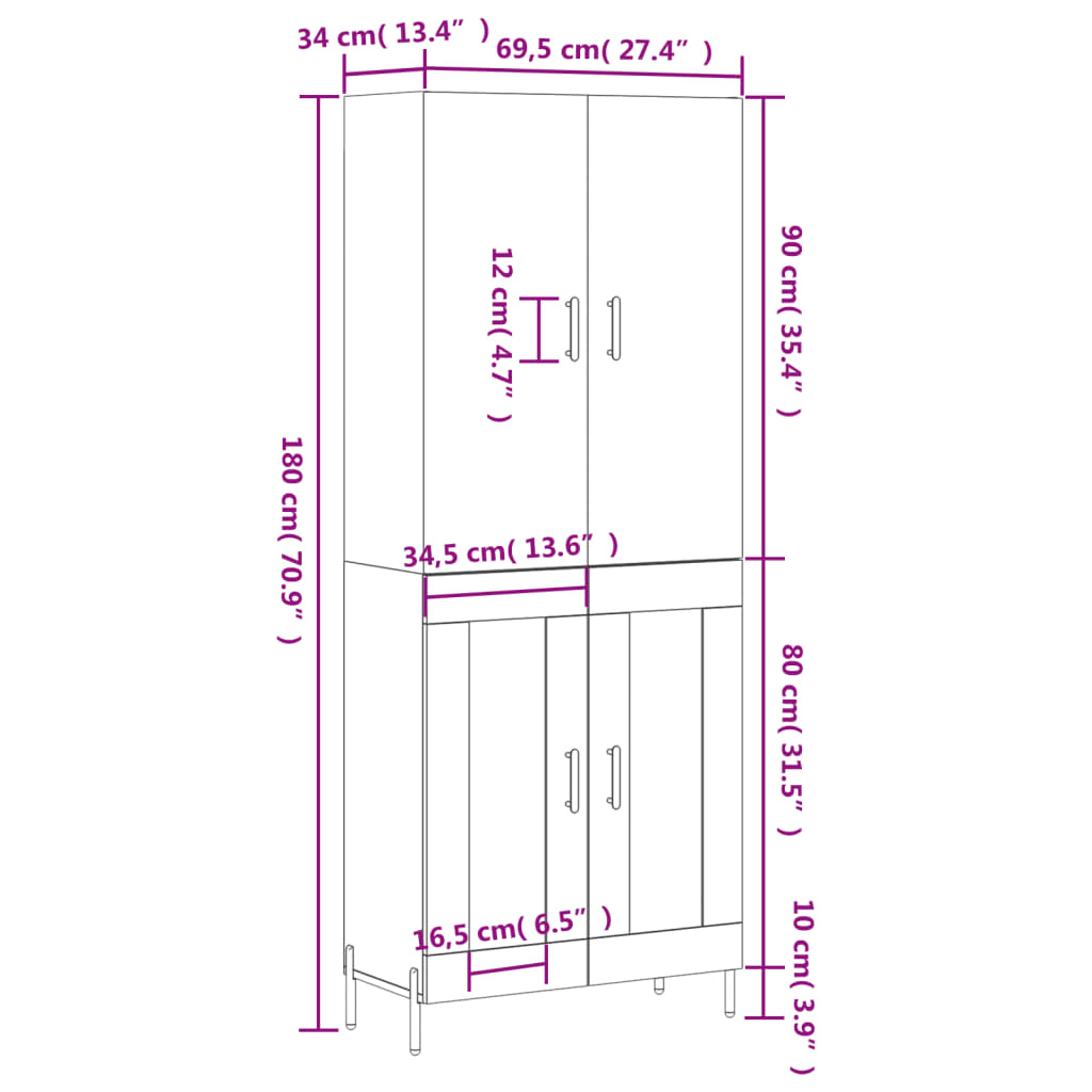 vidaXL Highboard Weiß 69,5x34x180 cm Holzwerkstoff