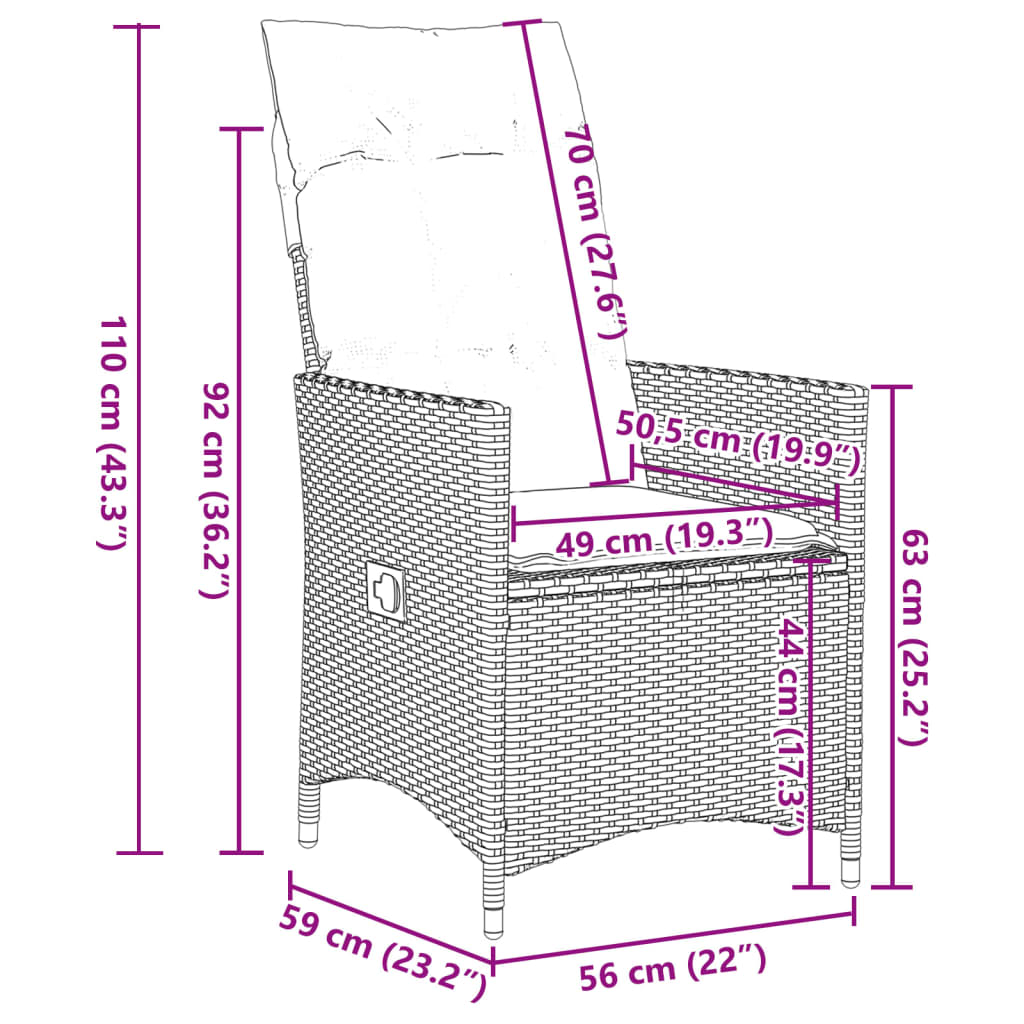 vidaXL Gartensessel mit Kissen 2 Stk. Verstellbar Grau Poly Rattan