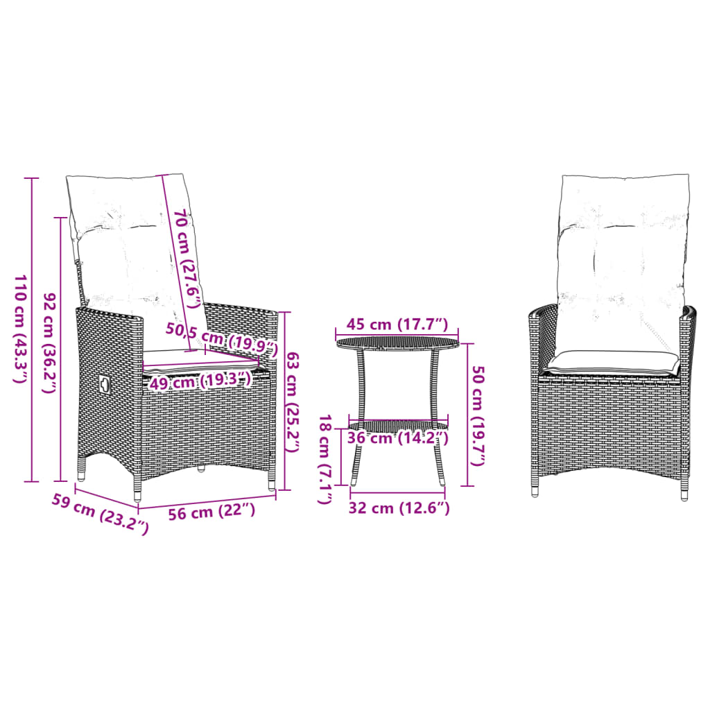 vidaXL 3-tlg. Bistro-Set mit Kissen Schwarz Poly Rattan