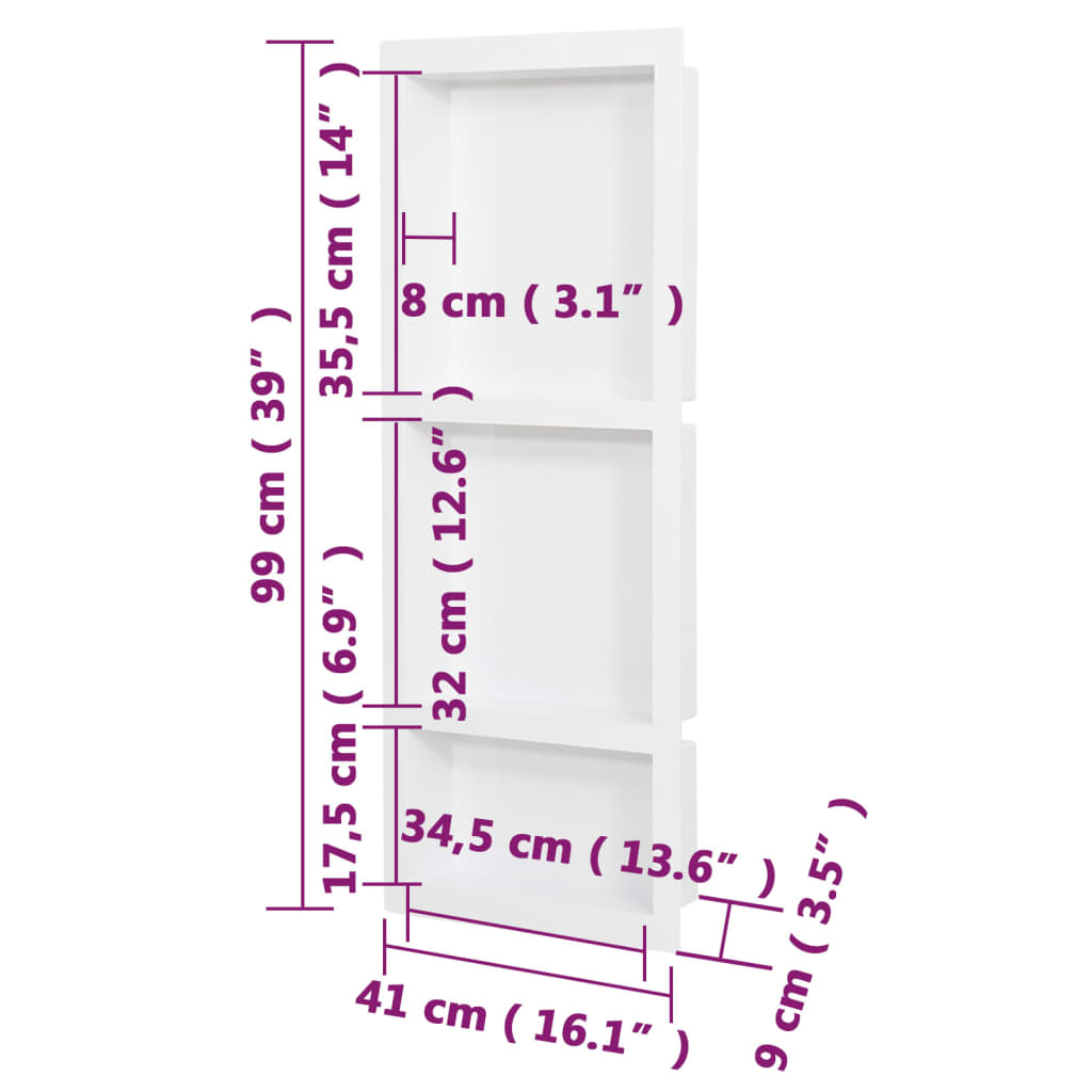 vidaXL Duschnische mit 3 Fächern Mattweiß 41x99x9 cm