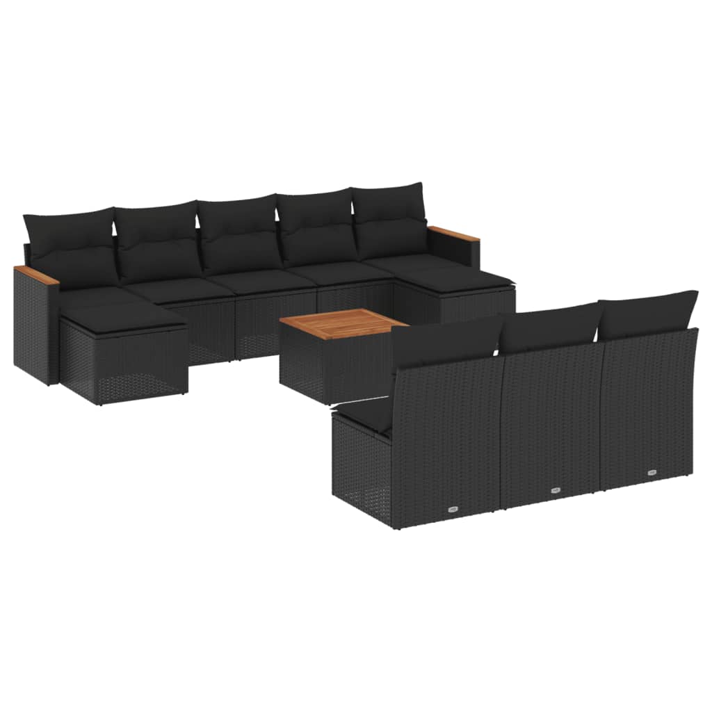 vidaXL 11-tlg. Garten-Sofagarnitur mit Kissen Schwarz Poly Rattan