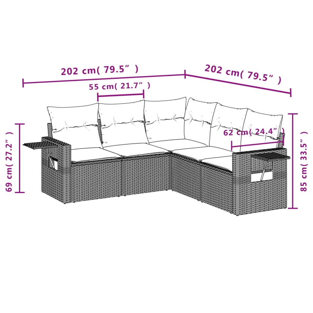 vidaXL 5-tlg. Garten-Sofagarnitur mit Kissen Beige Poly Rattan