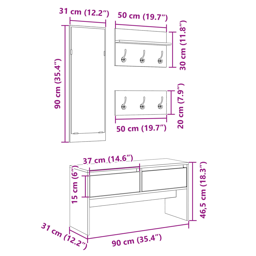 vidaXL 4-tlg. Flurmöbel-Set Betongrau Holzwerkstoff