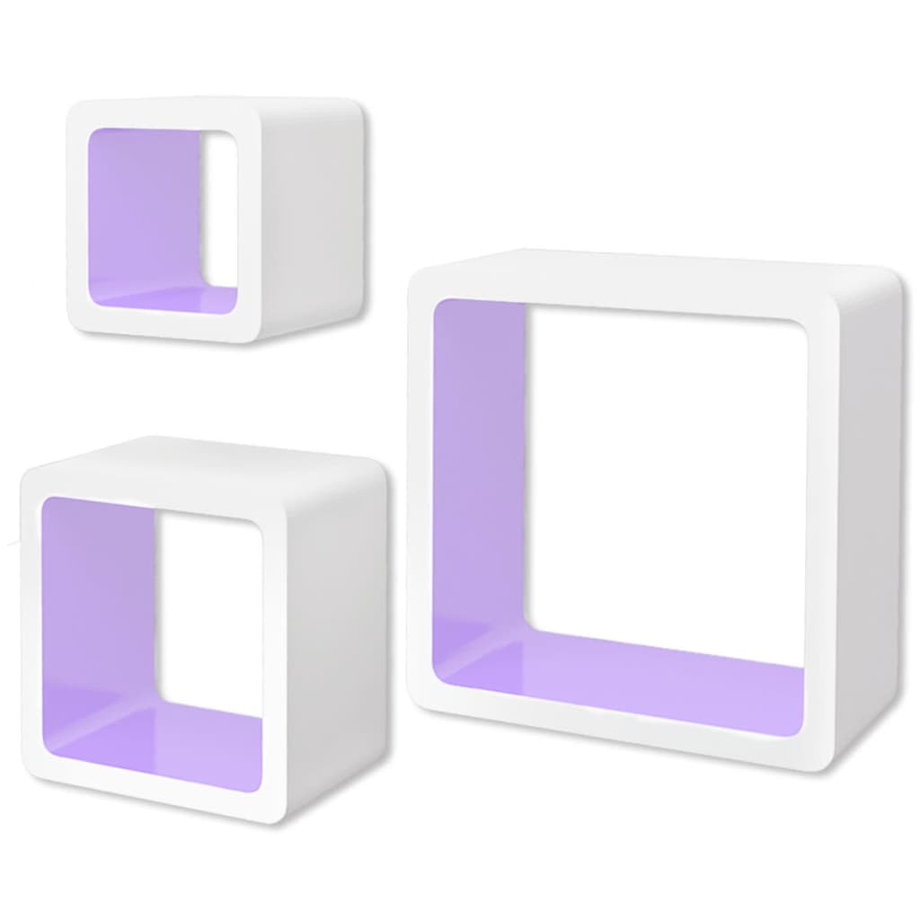 3er Set MDF Hängeregal Cube Regal Regalwürfel f. Bücher/DVD, weiß-lila