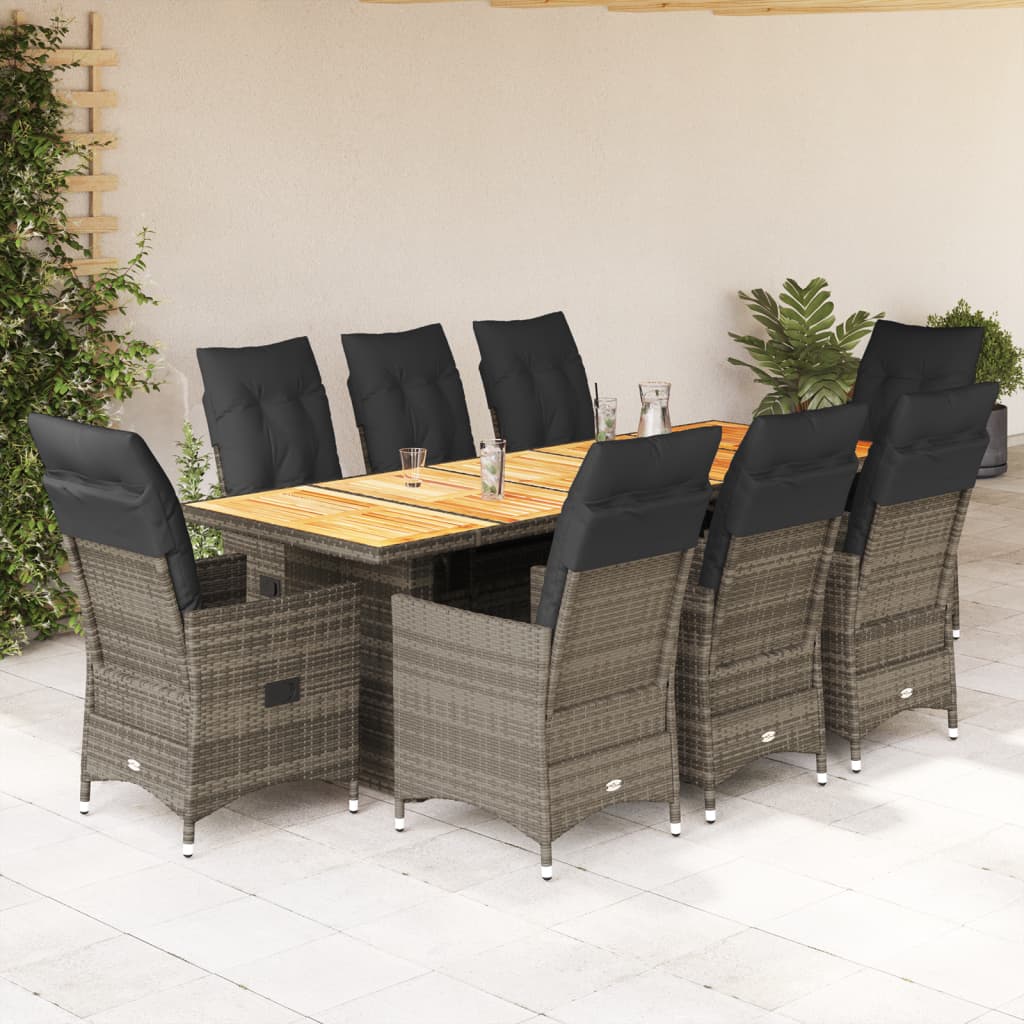 vidaXL 9-tlg. Garten-Bistro-Set mit Kissen Grau Poly Rattan