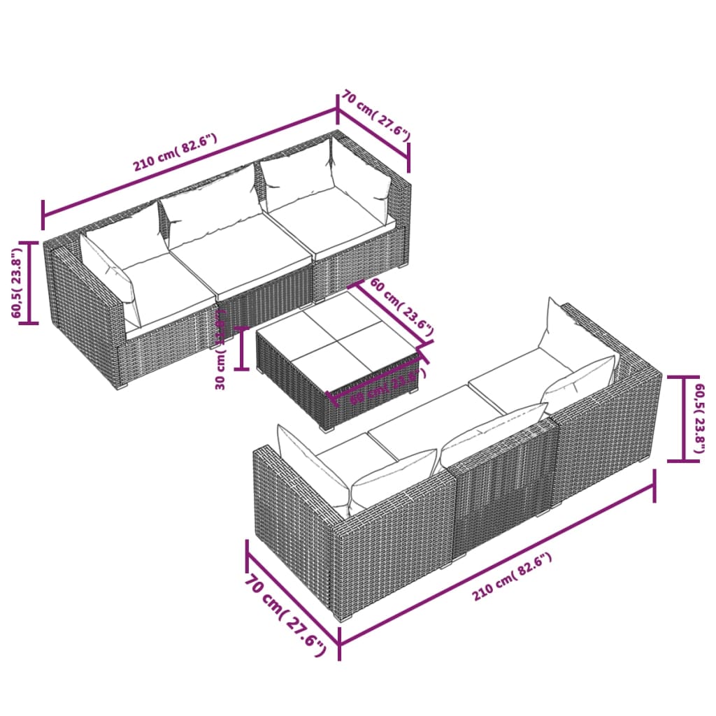 vidaXL 7-tlg. Garten-Lounge-Set mit Auflagen Poly Rattan Schwarz