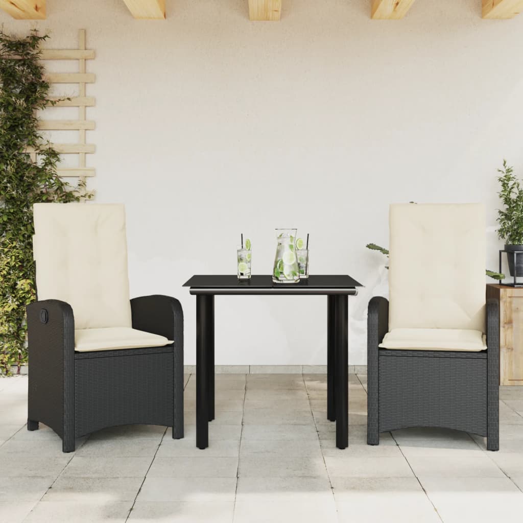 vidaXL 3-tlg. Garten-Essgruppe mit Kissen Schwarz Poly Rattan