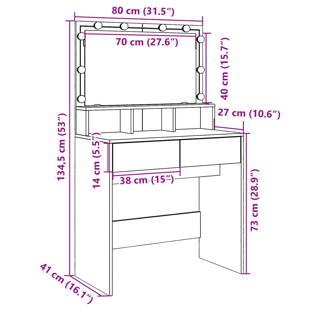 vidaXL Schminktisch mit LED-Beleuchtung Weiß 80x41x134,5 cm