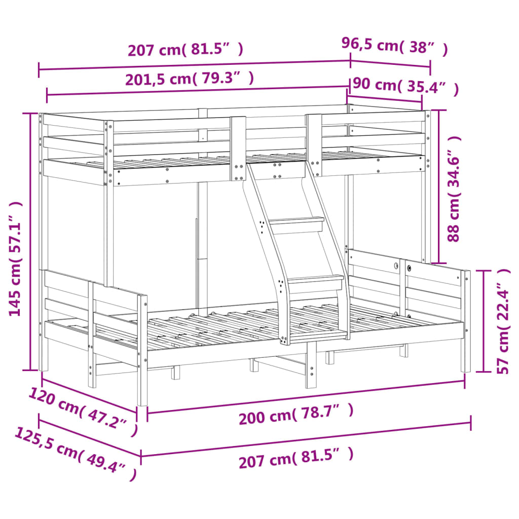 vidaXL Etagenbett 90x200/120x200 cm Massivholz Kiefer