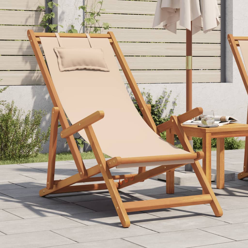 vidaXL Strandstuhl Klappbar Beige Massivholz Eukalyptus und Stoff