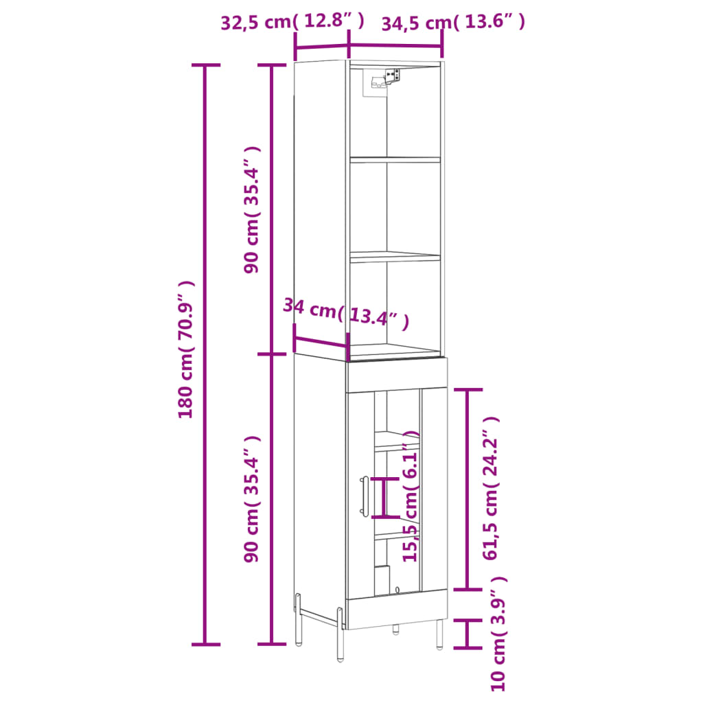 vidaXL Highboard Hochglanz-Weiß 34,5x34x180 cm Holzwerkstoff