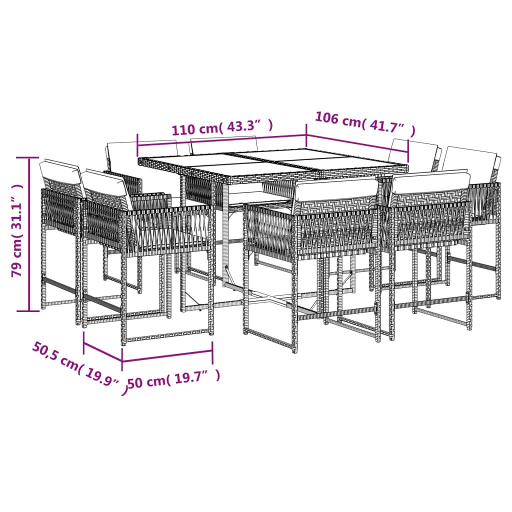 vidaXL 9-tlg. Garten-Essgruppe mit Kissen Grau Poly Rattan