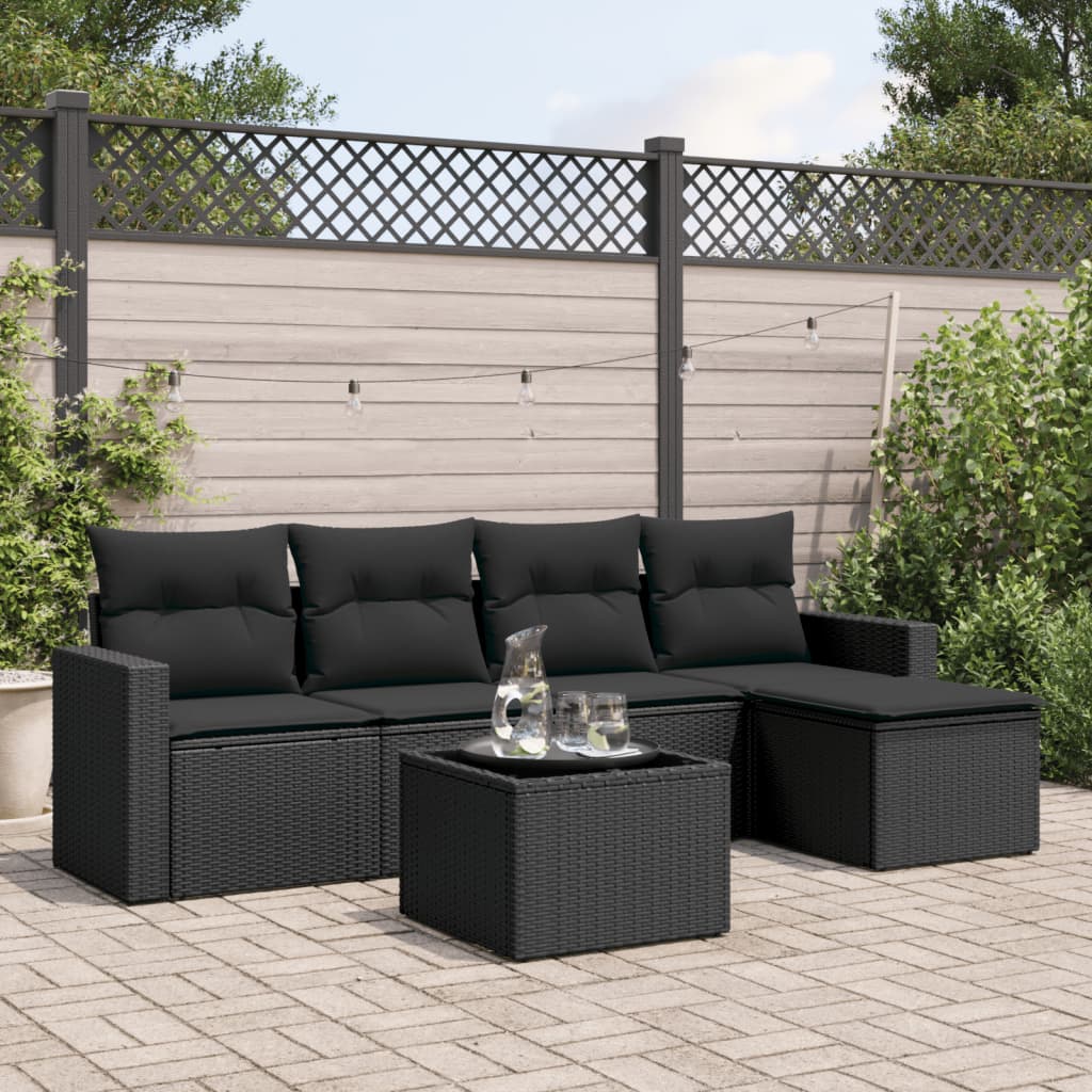 vidaXL 6-tlg. Garten-Sofagarnitur mit Kissen Schwarz Poly Rattan