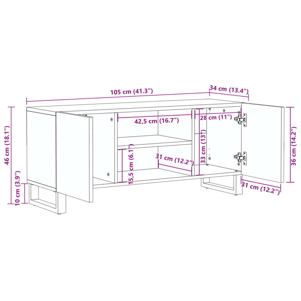 vidaXL TV-Schrank Weiß 105x34x46 cm Massivholz Mango