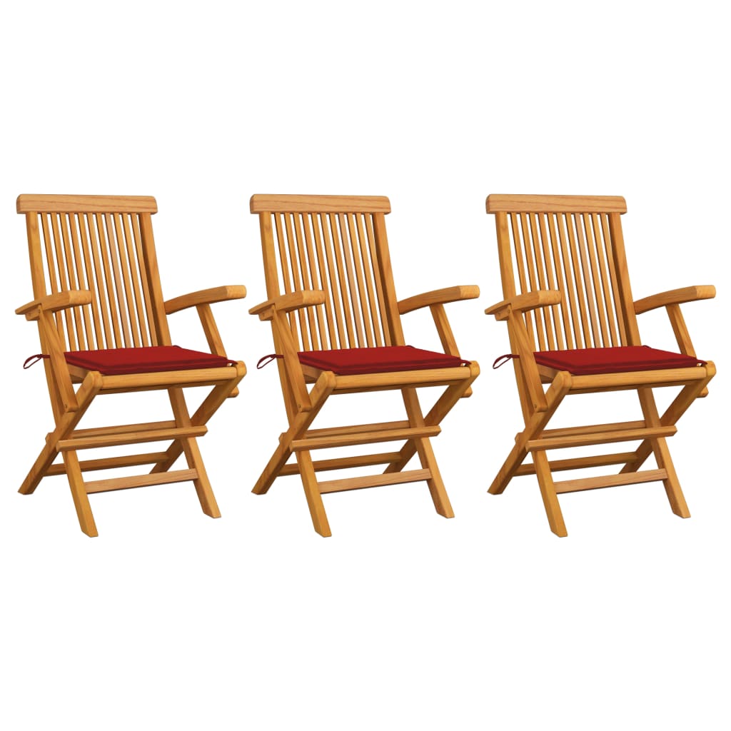 vidaXL Gartenstühle mit Roten Kissen 3 Stk. Massivholz Teak