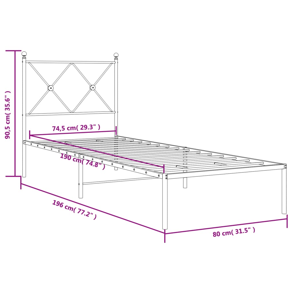 vidaXL Metallbett ohne Matratze mit Kopfteil Weiß 75x190 cm