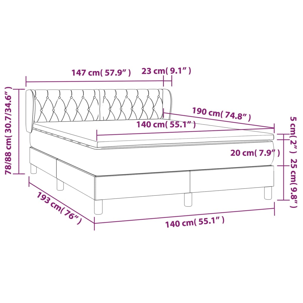 vidaXL Boxspringbett mit Matratze Dunkelgrau 140x190 cm Stoff