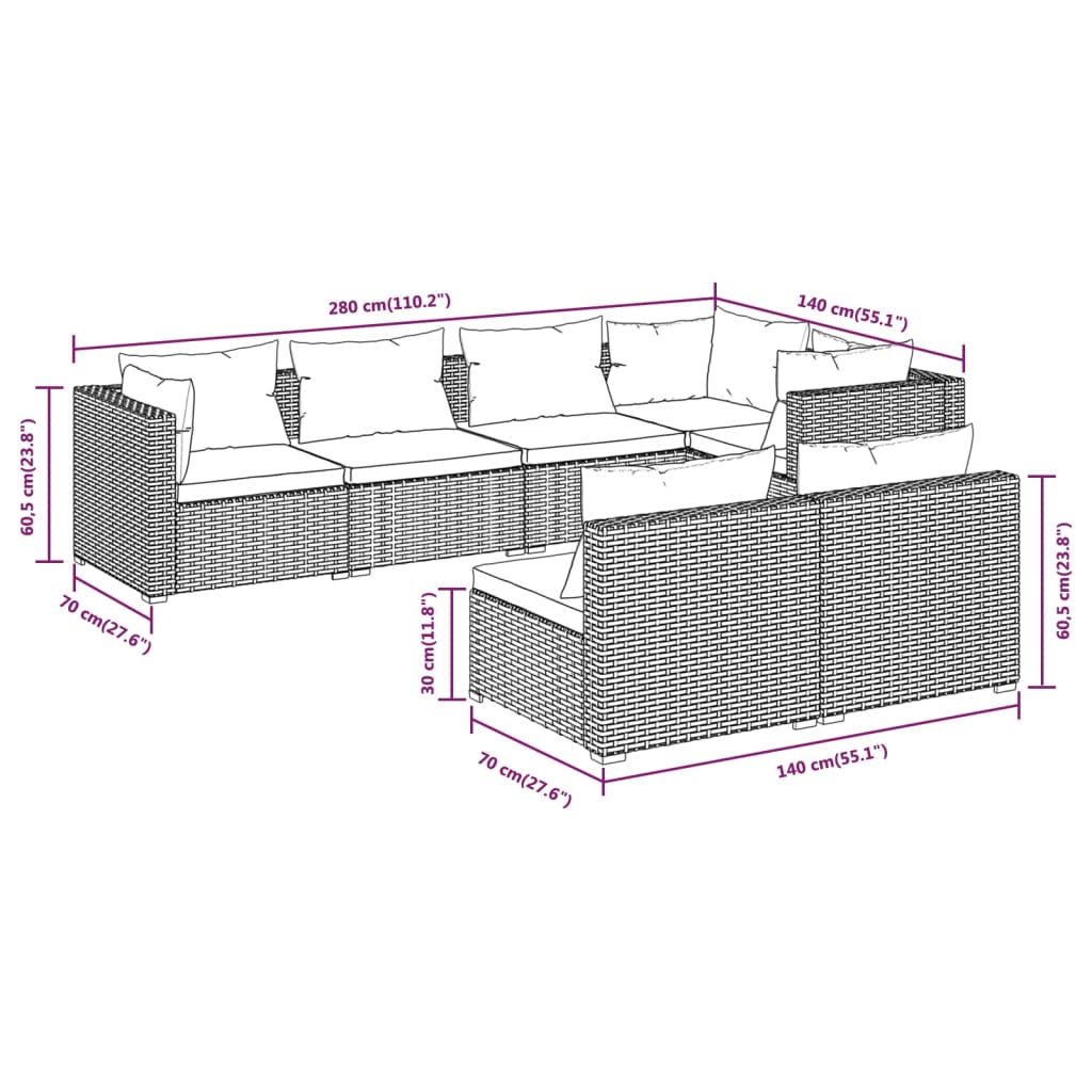 vidaXL 7-tlg. Garten-Lounge-Set mit Kissen Grau Poly Rattan