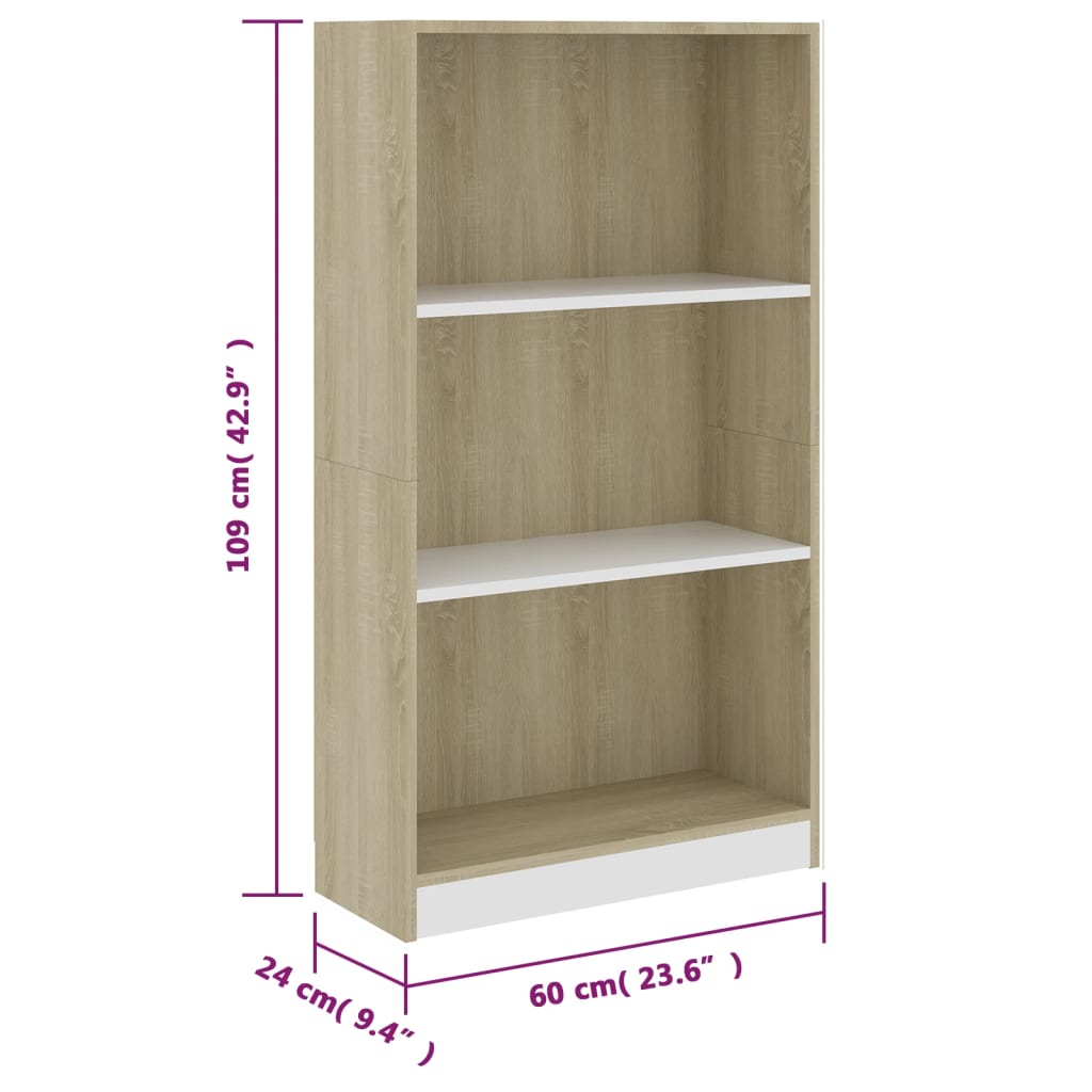 vidaXL Bücherregal 3 Fächer Weiß&Sonoma-Eiche 60x24x109 Holzwerkstoff