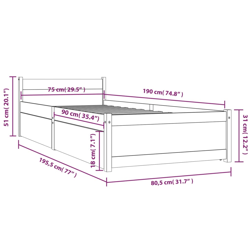 vidaXL Bett mit Schubladen 75x190 cm