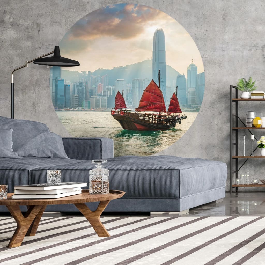 WallArt Fototapete Skyline with Junk Boat Rund 190 cm