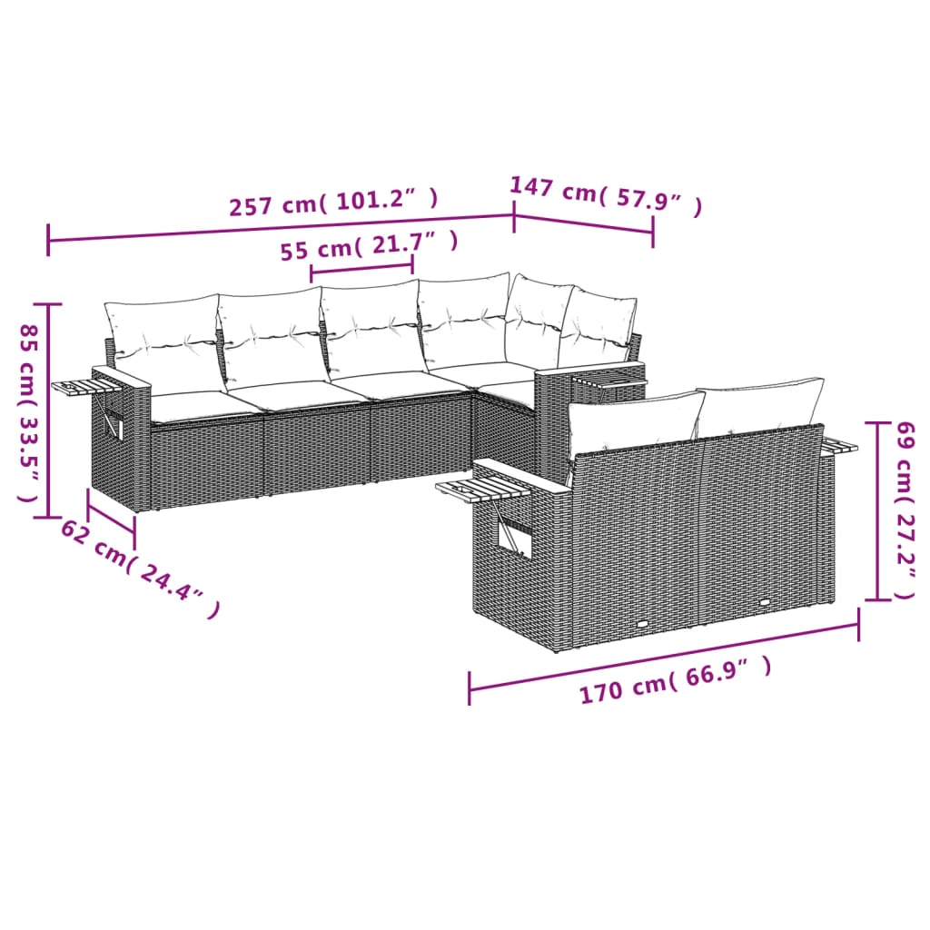 vidaXL 7-tlg. Garten-Sofagarnitur mit Kissen Grau Poly Rattan