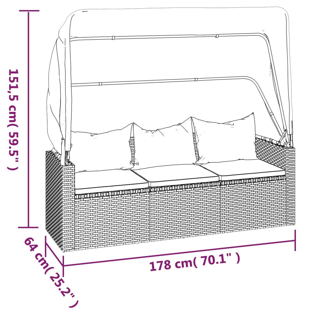 vidaXL 3-Sitzer-Gartensofa mit Dach und Fußhocker Grau Poly Rattan