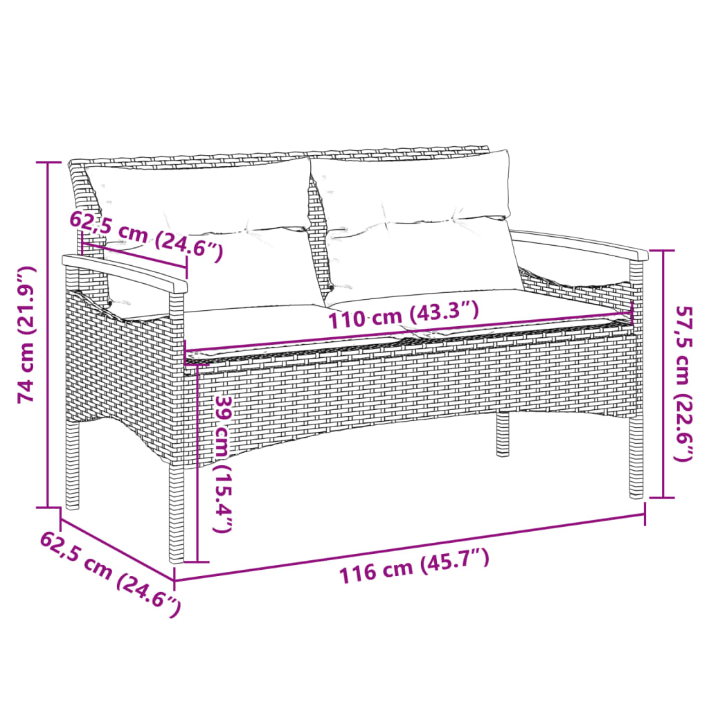 vidaXL Gartenbank mit Kissen 116x62,5x74 cm Grau Poly Rattan