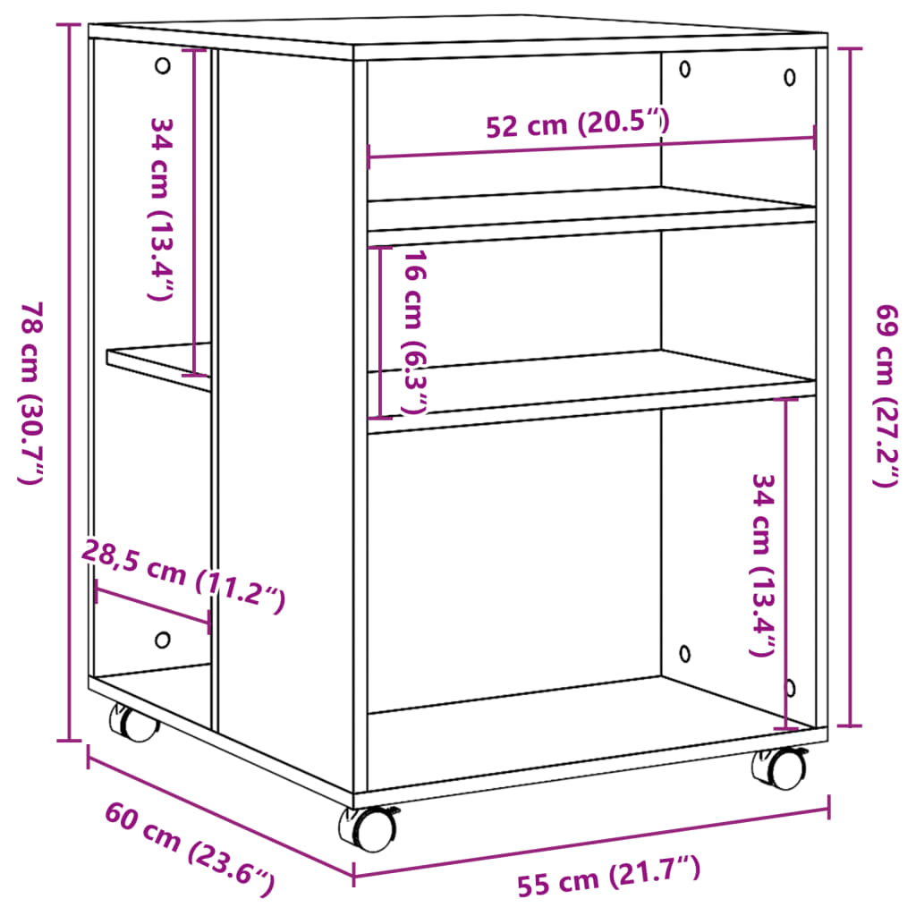 vidaXL Beistelltisch mit Rollen Weiß 55x60x78 cm Holzwerkstoff