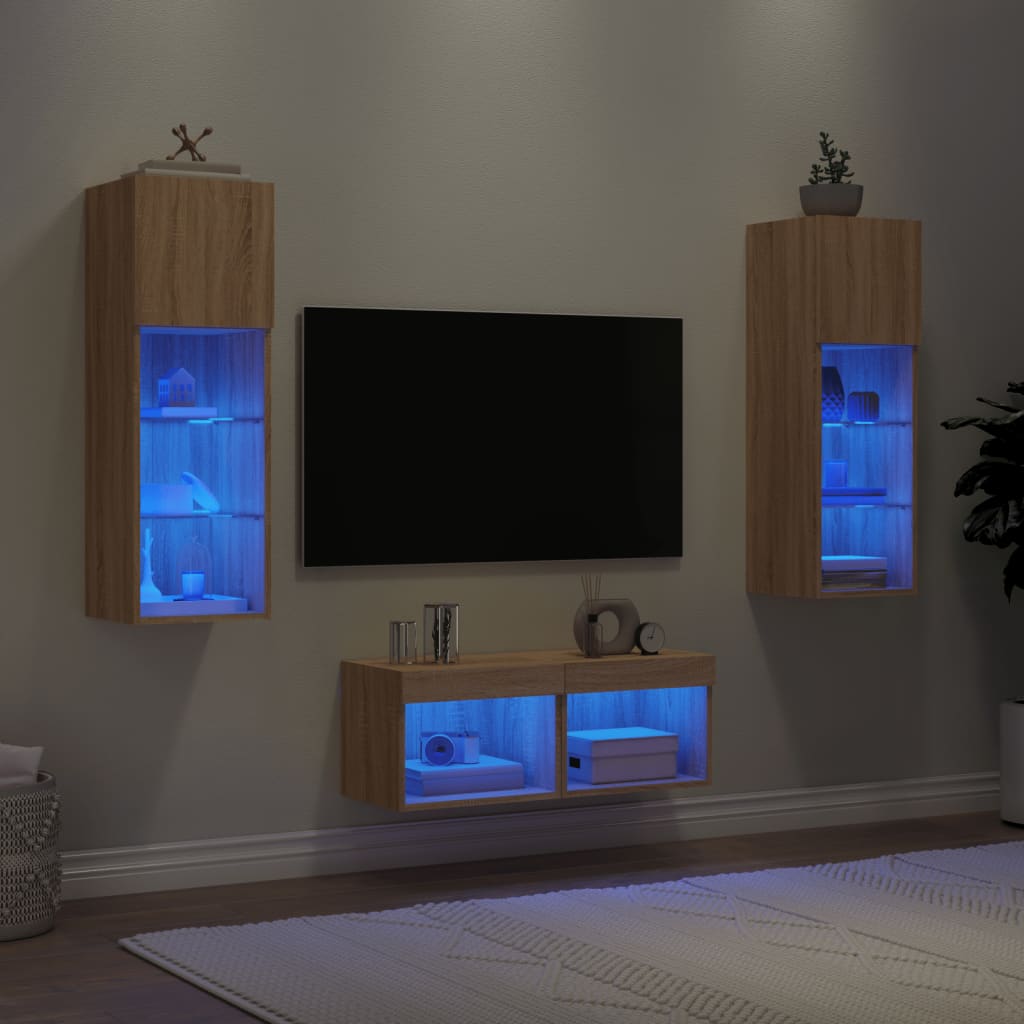 vidaXL 4-tlg. TV-Wohnwand mit LED-Leuchten Sonoma-Eiche