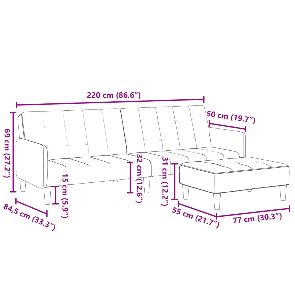 vidaXL Schlafsofa 2-Sitzer mit Fußhocker Schwarz Stoff