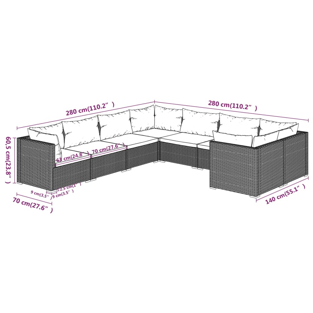 vidaXL 8-tlg. Garten-Lounge-Set mit Kissen Poly Rattan Schwarz