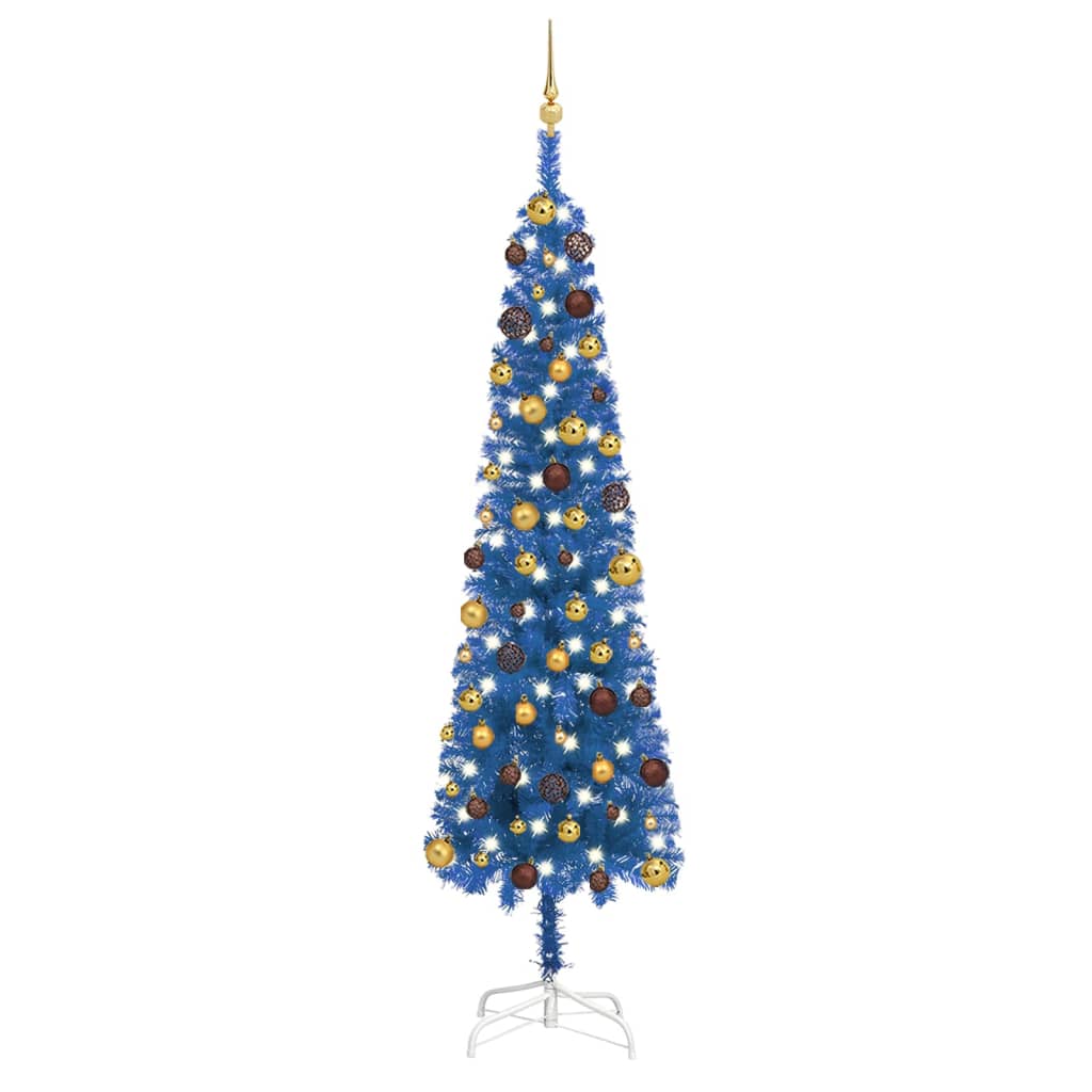 vidaXL Weihnachtsbaum Schlank mit LEDs & Kugeln Blau 240 cm