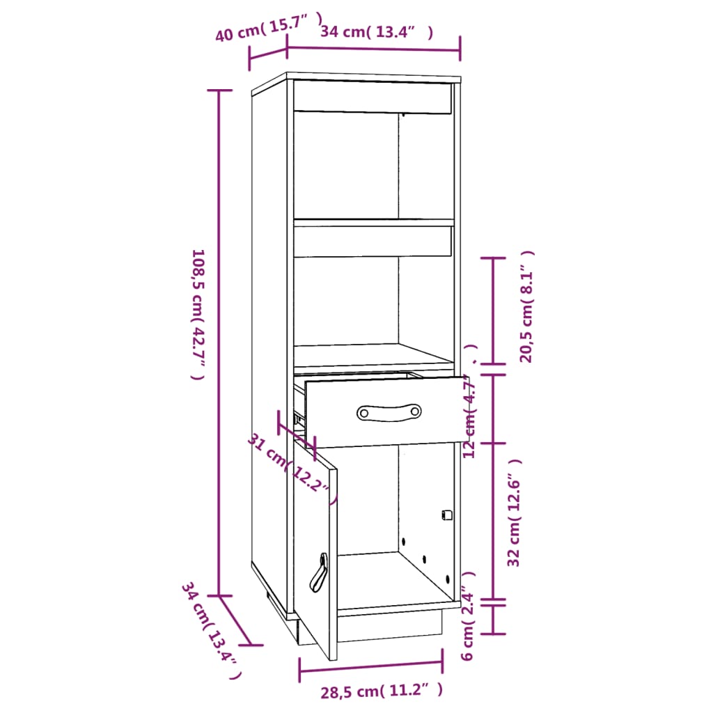 vidaXL Highboard 34x40x108,5 cm Massivholz Kiefer