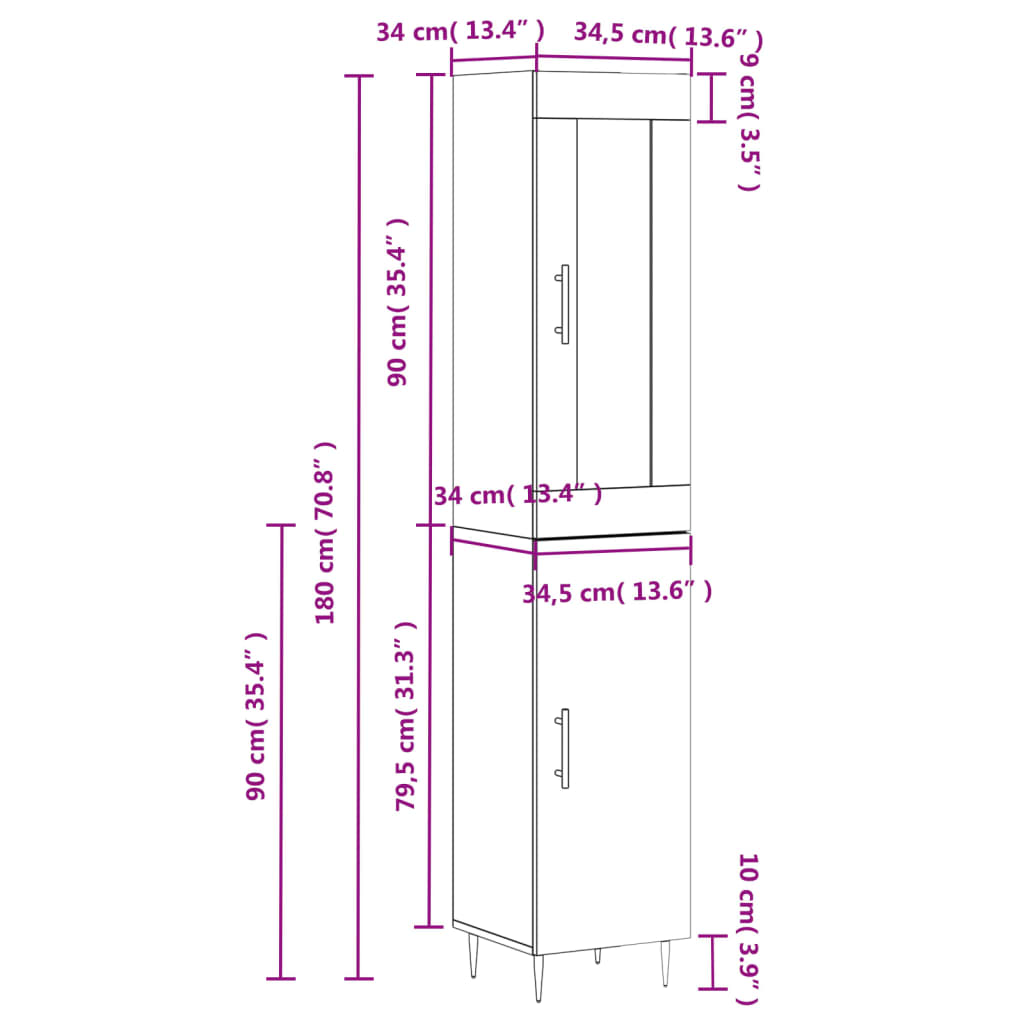 vidaXL Highboard Braun Eichen-Optik 34,5x34x180 cm Holzwerkstoff