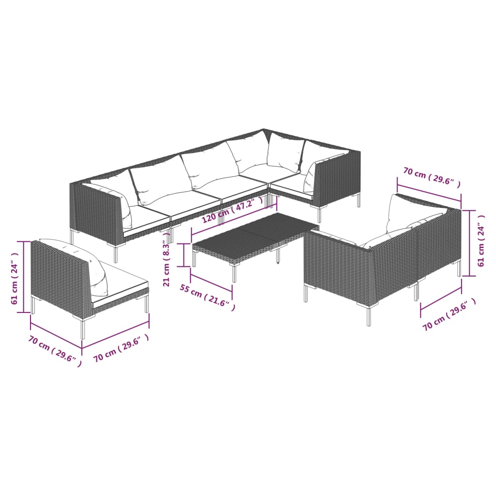 vidaXL 9-tlg. Garten-Lounge-Set mit Kissen Poly Rattan Dunkelgrau