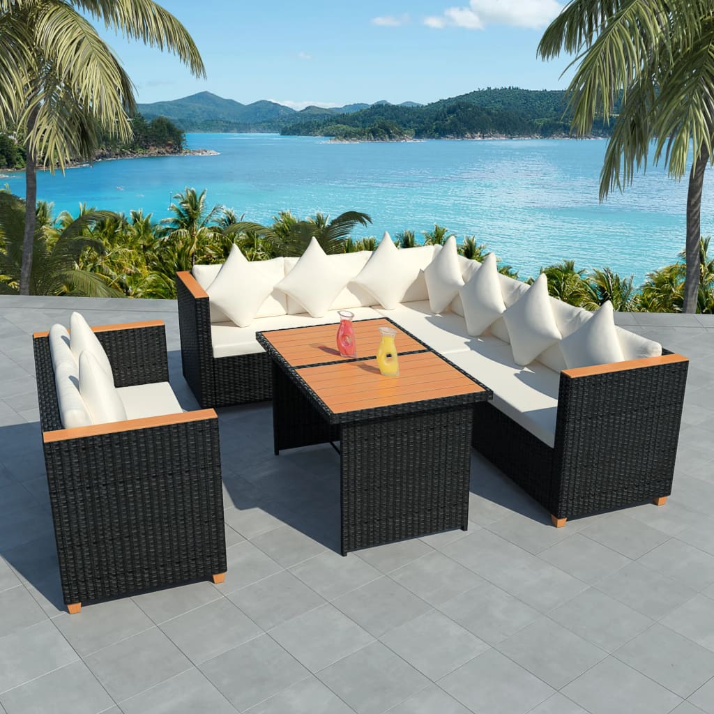 vidaXL 5-tlg. Garten-Lounge-Set mit Kissen Poly Rattan Schwarz