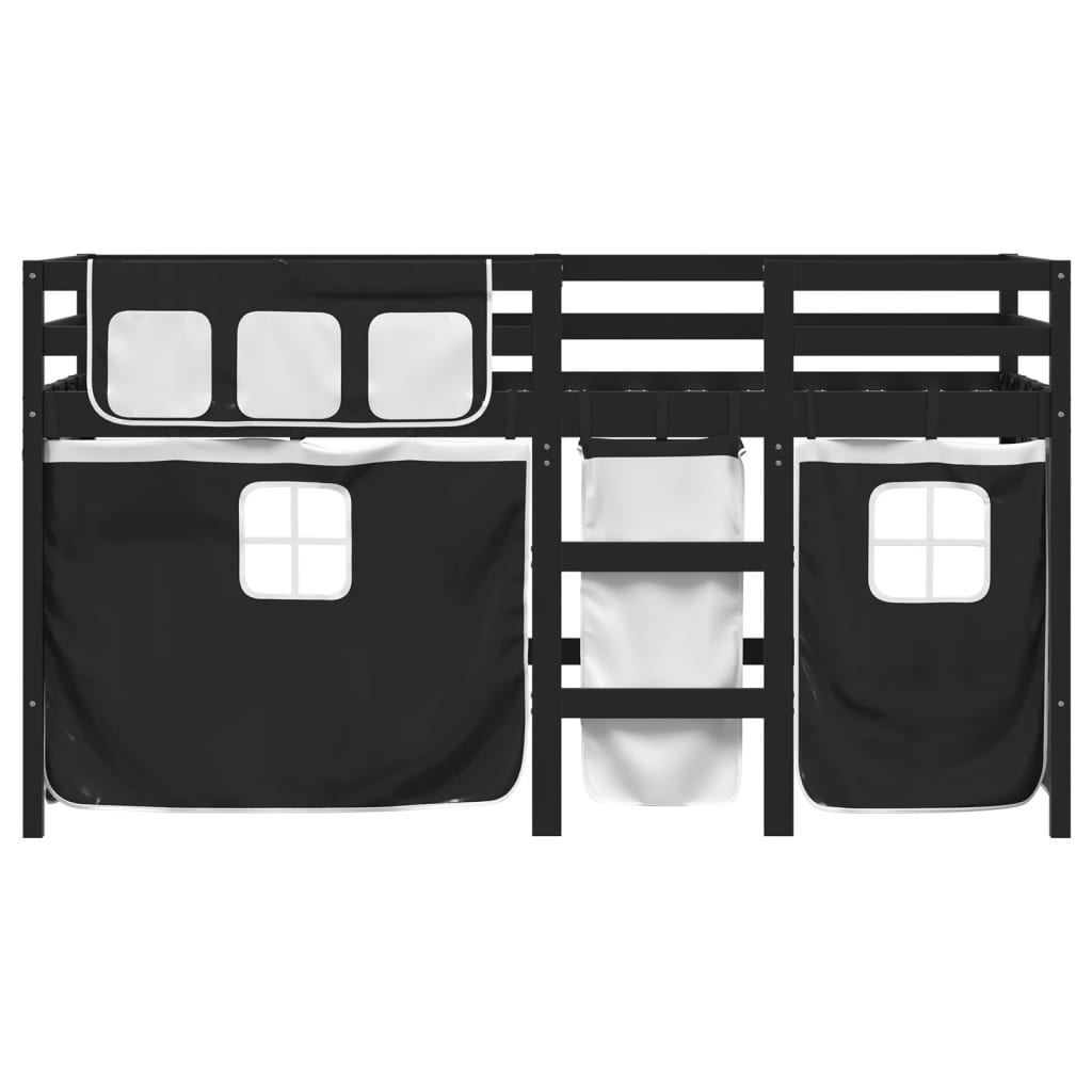 vidaXL Kinderhochbett mit Vorhängen Weiß Schwarz 90x200 cm Kiefernholz